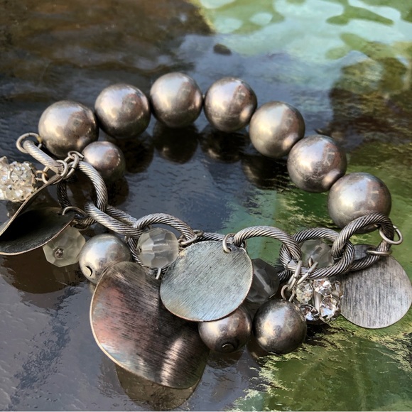 Bold Bangle Silvertone Rhinestones & Beads - Picture 5 of 8